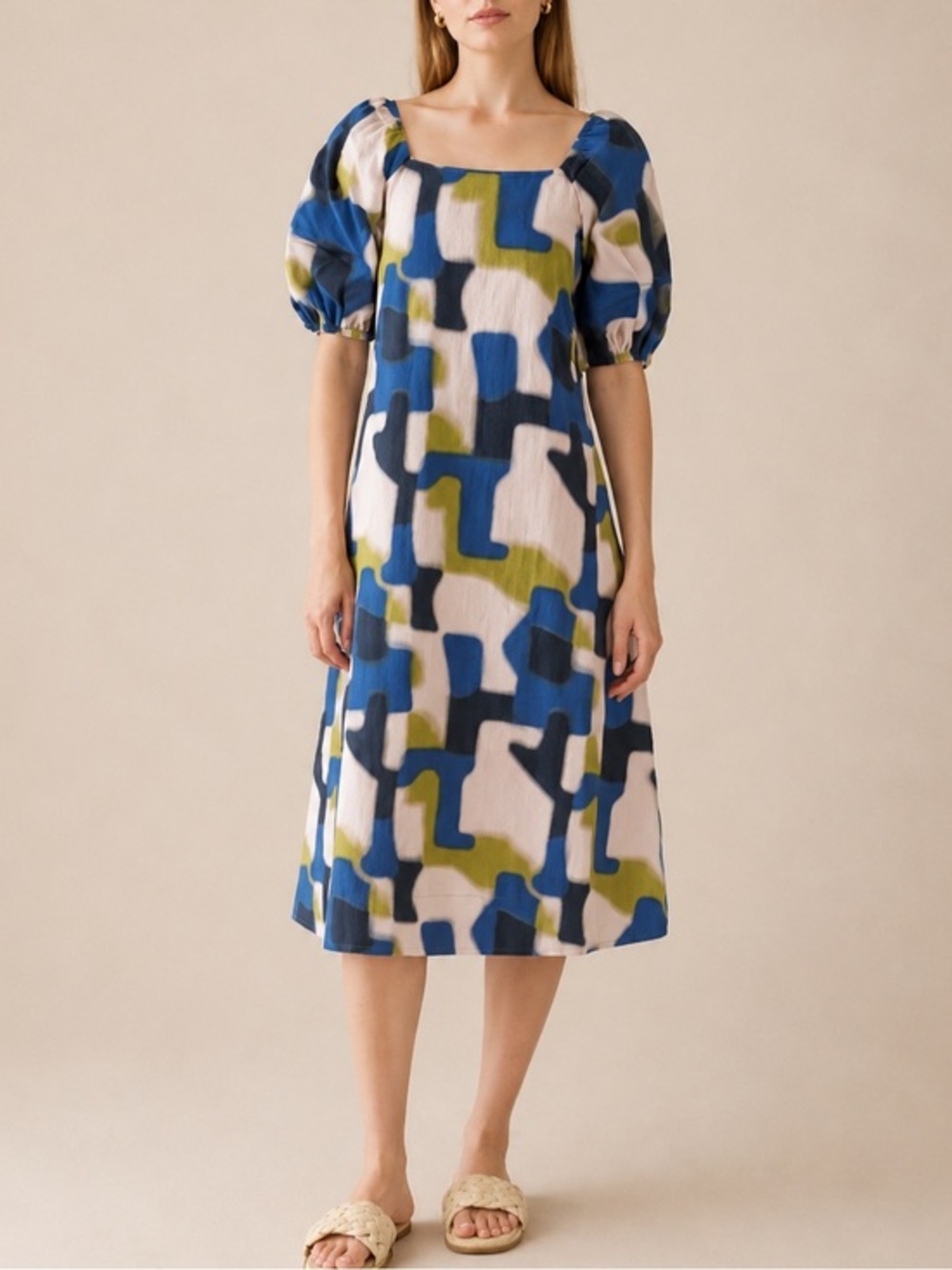 Closed Verbena Midi Dress Multicolor Abstract Print Puff Sleeve A-Line Modern